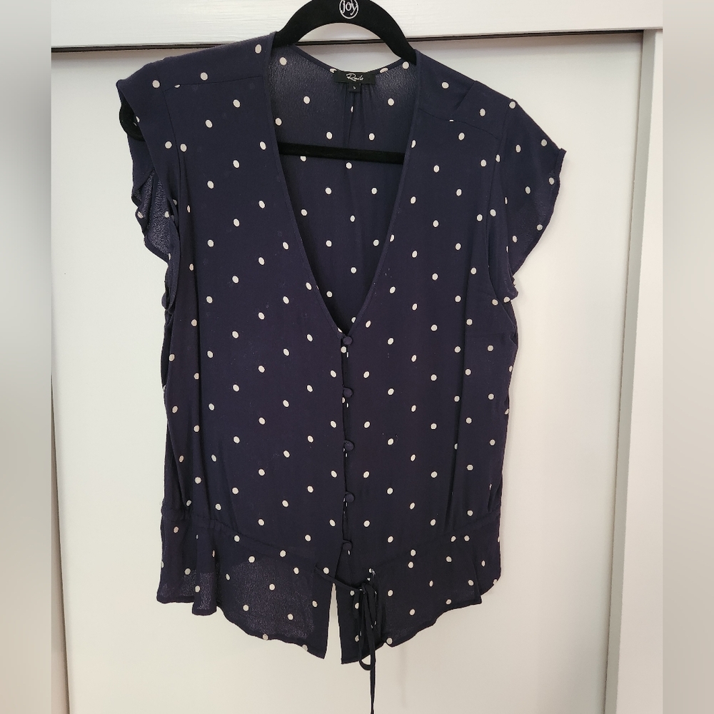 Rails Navy White Polka Dots, button down, V neck, drawstring waist